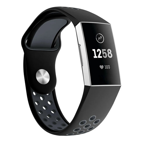 Silicone Sport Strap, black/grey, on a watch, 3/4 front view