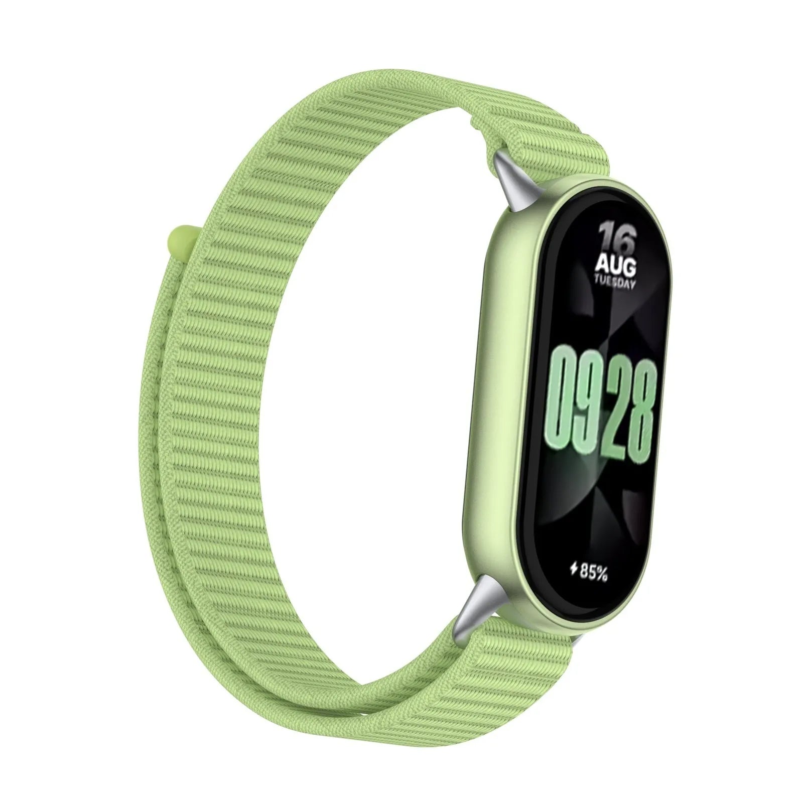 Modern Nylon Strap, field green, on a watch, 3/4 front view
