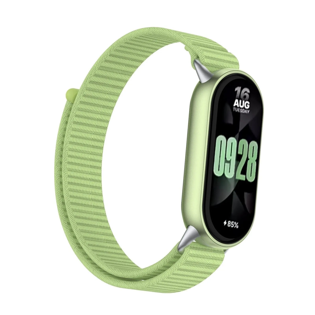 Modern Nylon Strap, field green, on a watch, 3/4 front view