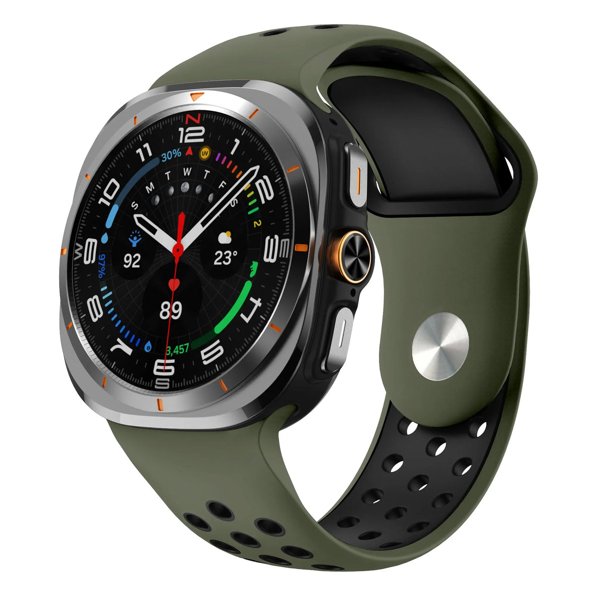 Silicone Sport Strap, army green/black, on a watch, 3/4 front view