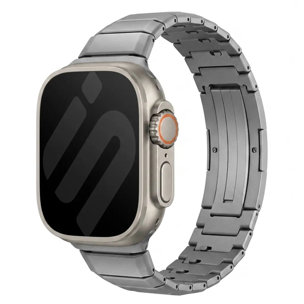One Bead Titanium Strap, graphite, on a watch, 3/4 front view