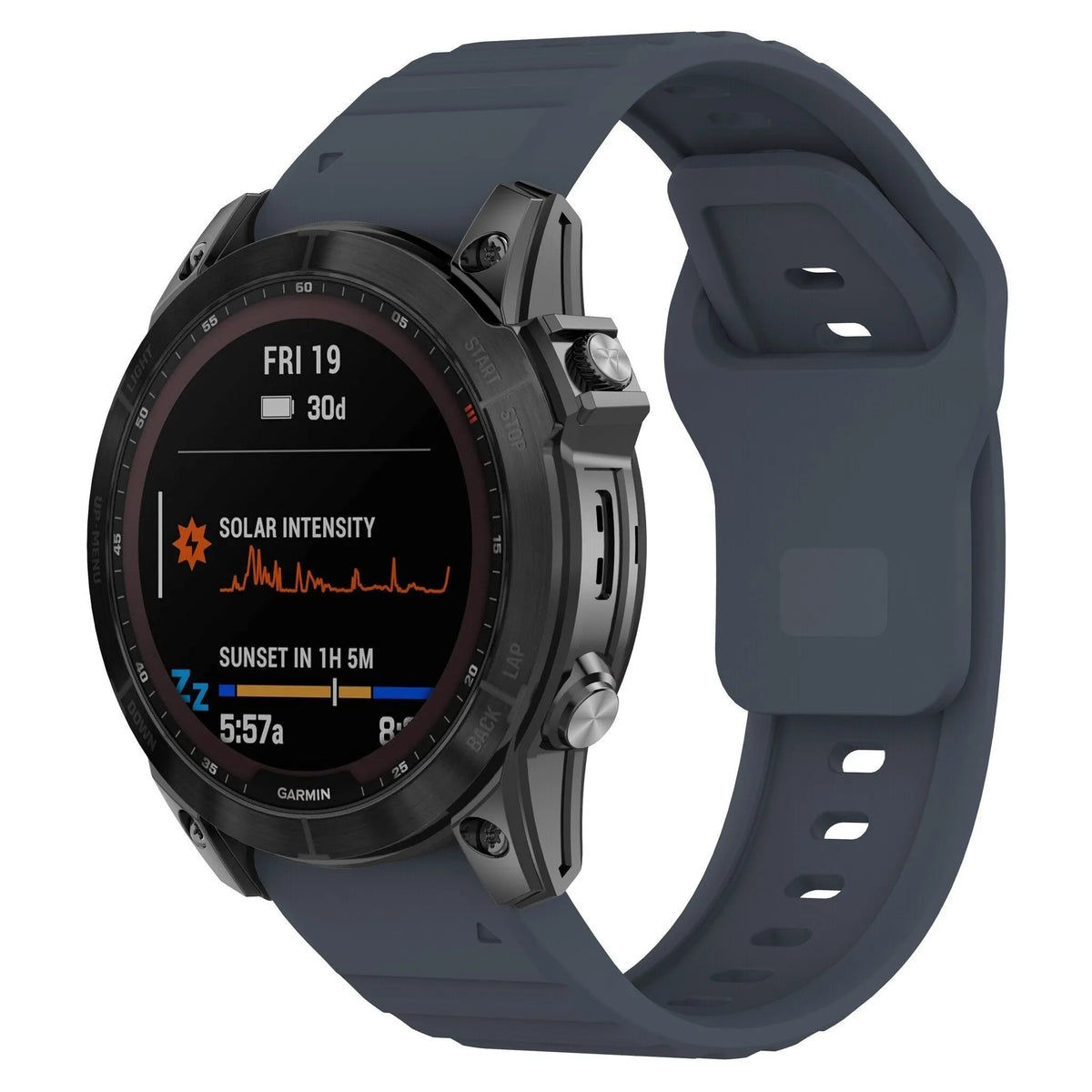 Outdoor Silicone Strap, grey-blue, on a watch, 3/4 front view