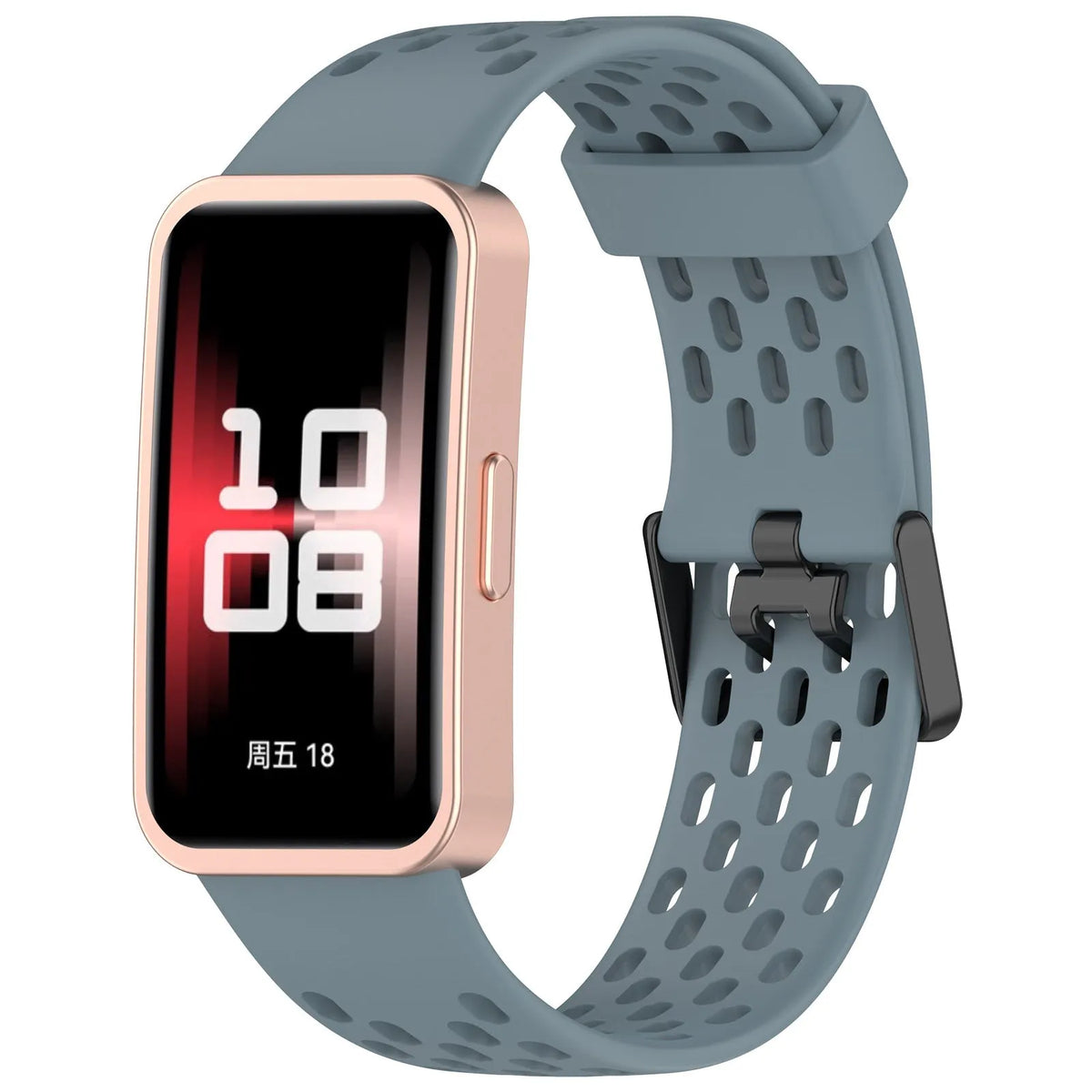 Breathable Silicone Strap, grey-blue, on a watch, 3/4 front view