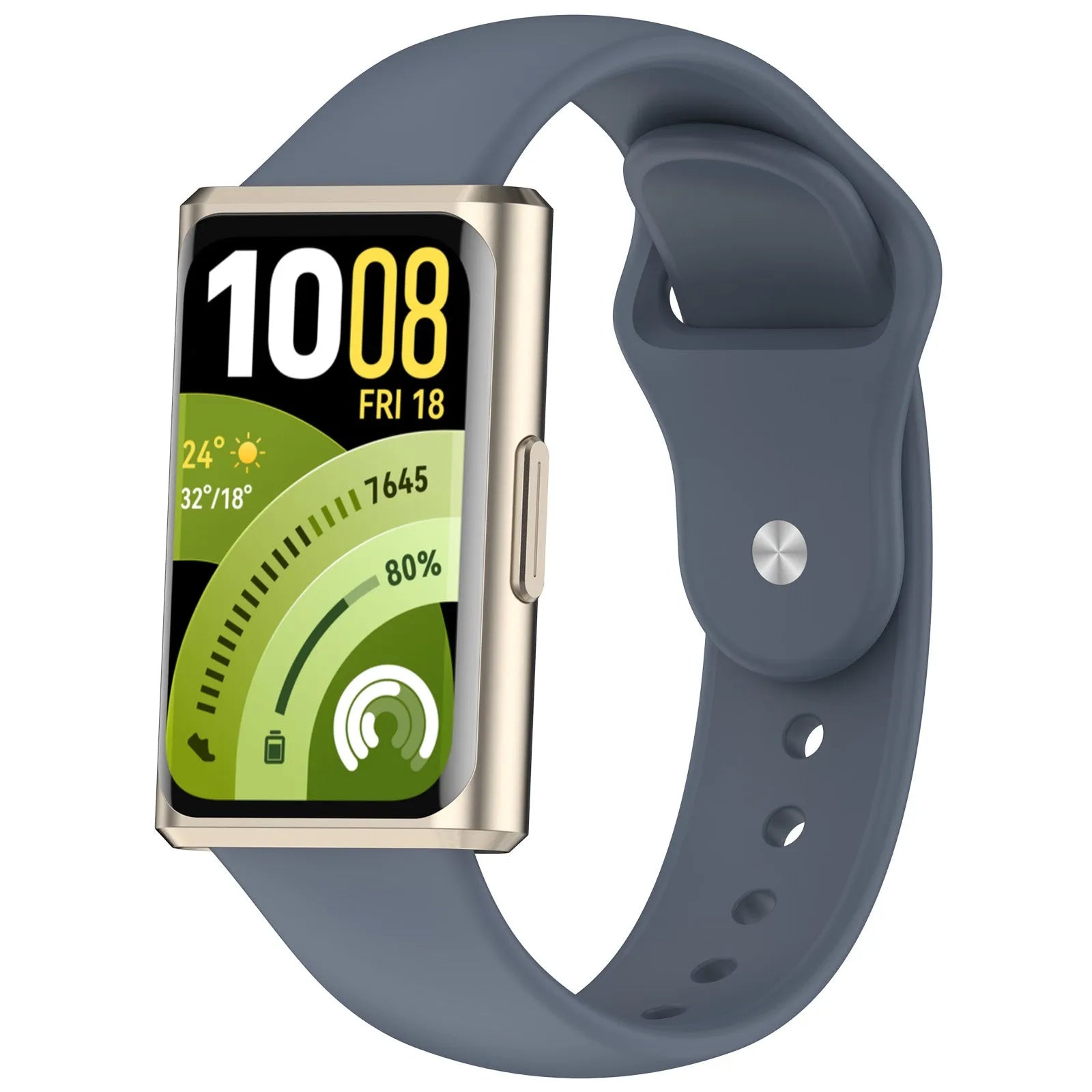 Silicone Sport Strap, grey-blue, on a watch, 3/4 front view
