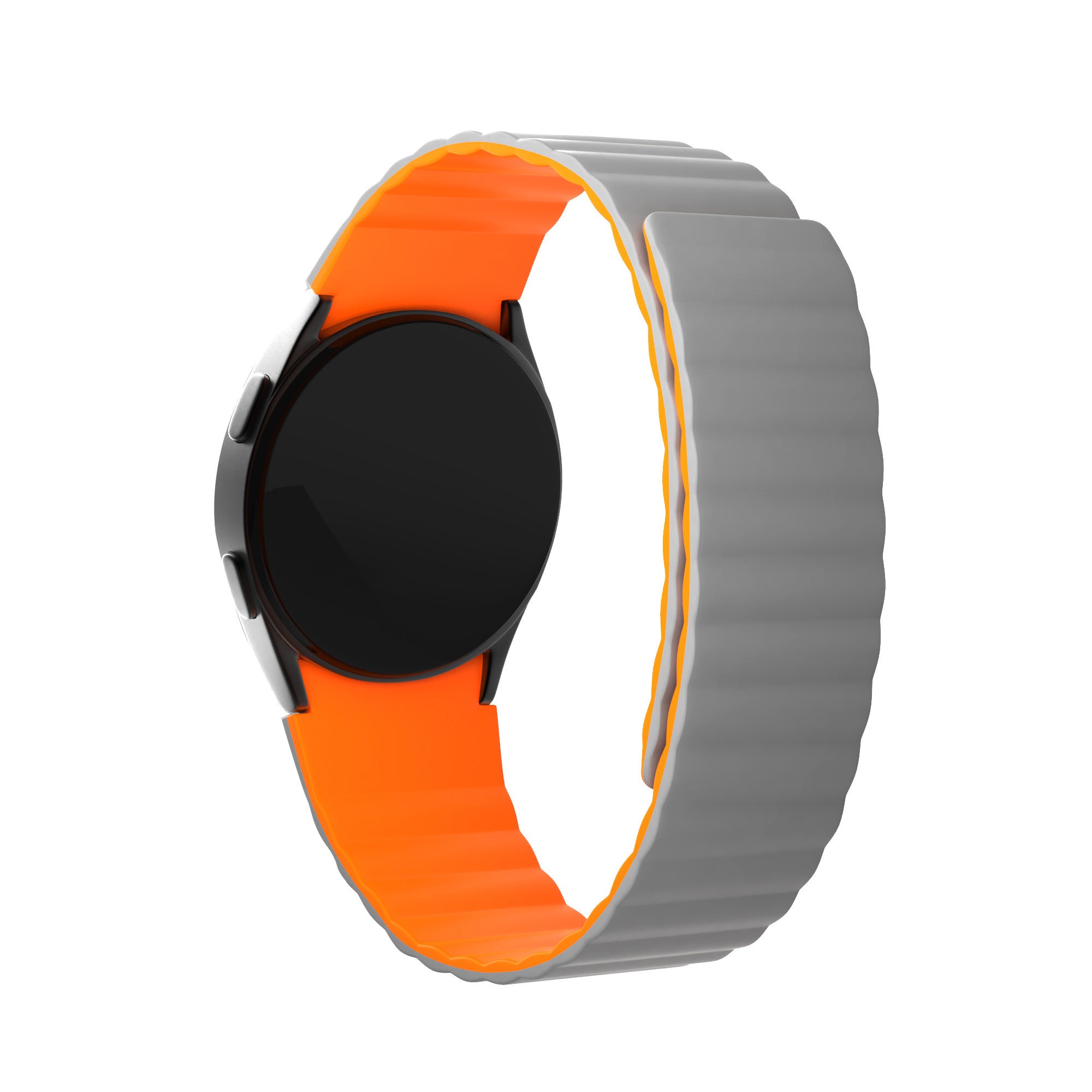 Magnetic Silicone Strap, grey/orange, on a watch, 3/4 front view