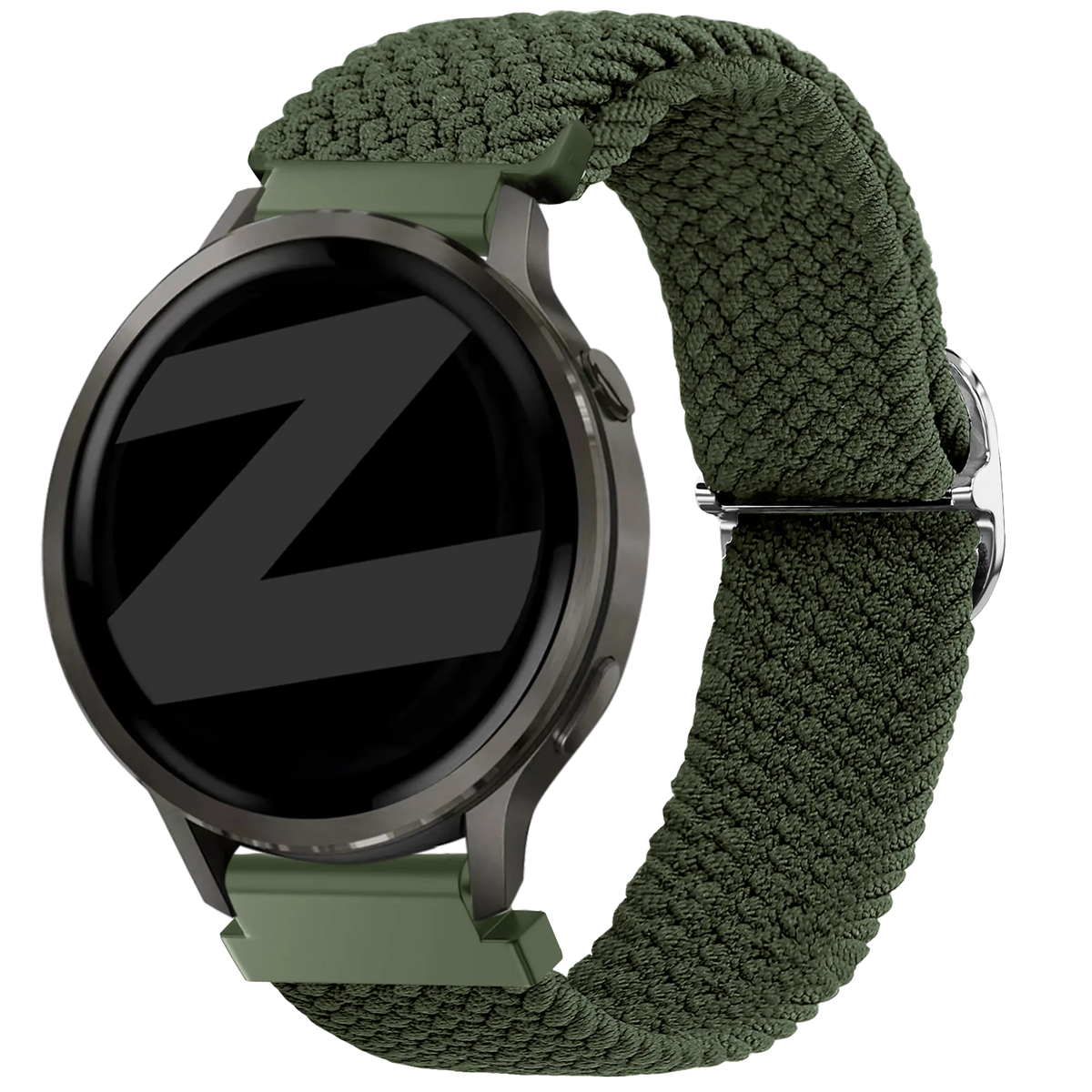 Braided Nylon Strap, green, on a watch, 3/4 front view