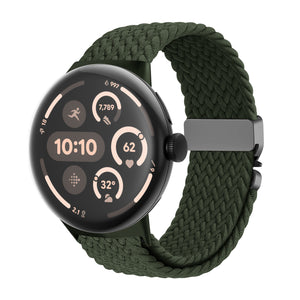 Nylon Braided Strap P-Buckle, green, on a watch, 3/4 front view