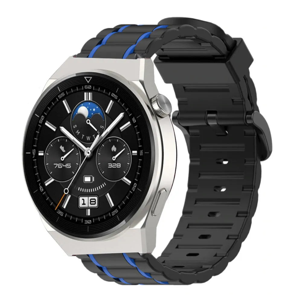 Silicone Sport Strap with Buckle, black/blue, on a watch, 3/4 front view