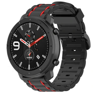 Silicone Sport Strap with Buckle, black/red, on a watch, 3/4 front view