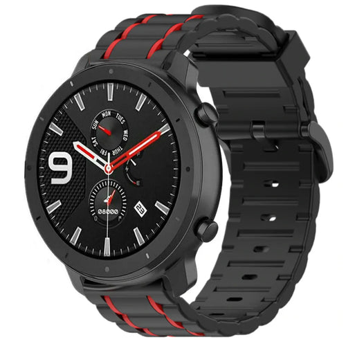 Silicone Sport Strap with Buckle, black/red, on a watch, 3/4 front view