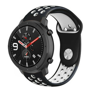 Silicone Sport Strap, black/white, on a watch, 3/4 front view