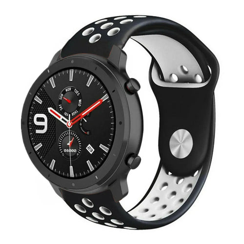 Silicone Sport Strap, black/white, on a watch, 3/4 front view