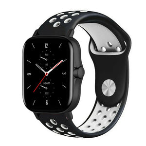 Silicone Sport Strap, black/white, on a watch, 3/4 front view