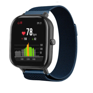 Milanese Strap, blue, on a watch, 3/4 front view