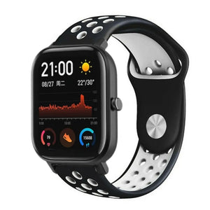 Silicone Sport Strap, black/white, on a watch, 3/4 front view