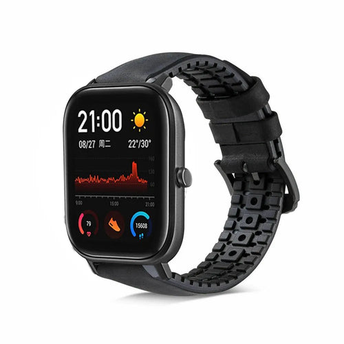 Leather Hybrid Strap, black, on a watch, 3/4 front view