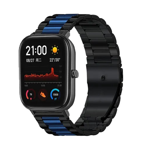 Steel Strap, black/blue, on a watch, 3/4 front view