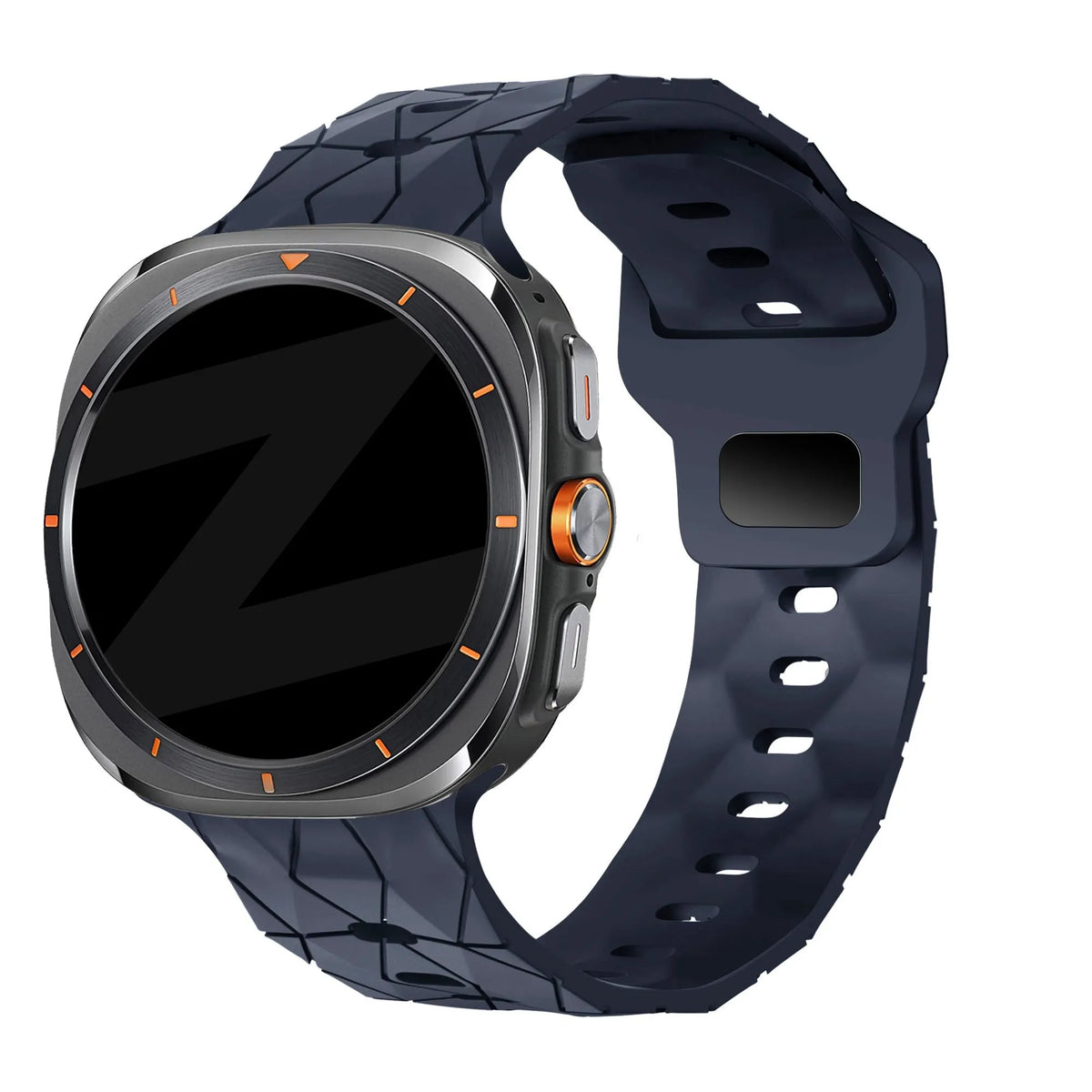 Silicone Strap Hexagons, dark blue, on a watch, 3/4 front view