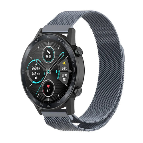 Milanese Strap, space grey, on a watch, 3/4 front view