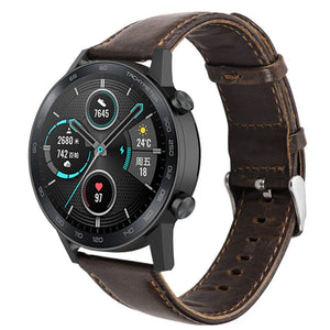Leather Strap, dark brown, on a watch, 3/4 front view