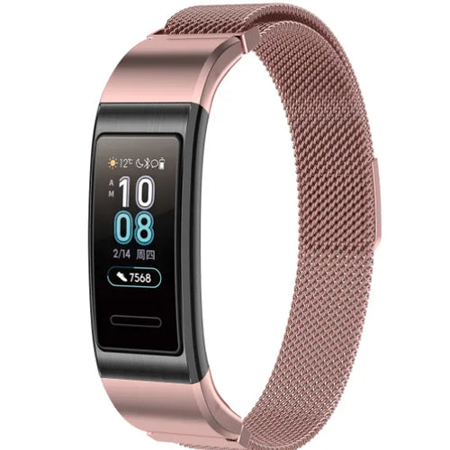 Milanese Strap, pink, on a watch, 3/4 front view