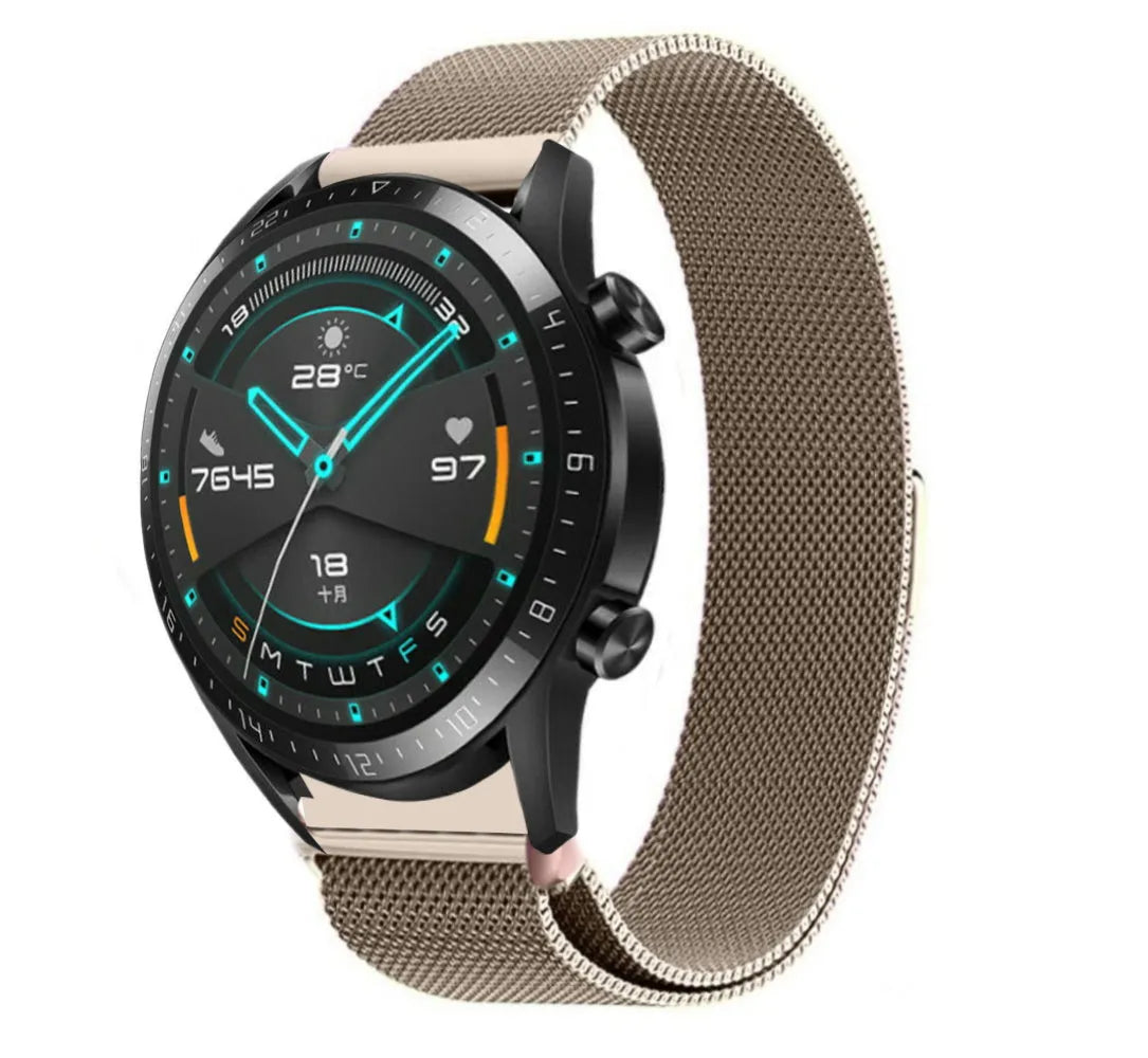 Milanese Strap, champagne, on a watch, 3/4 front view