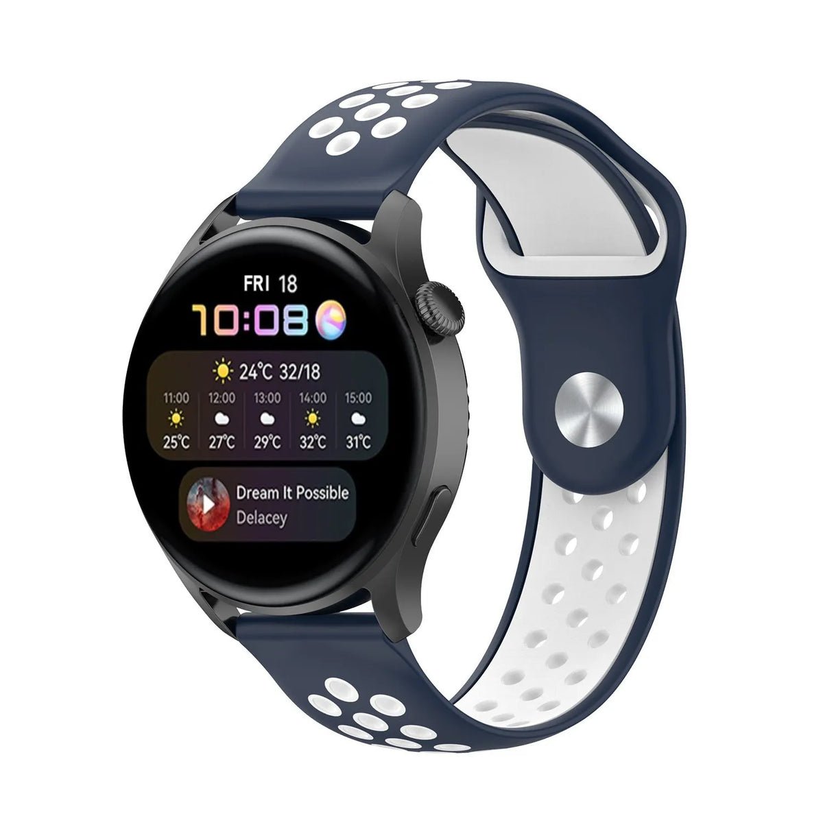 Silicone Sport Strap, blue/white, on a watch, 3/4 front view