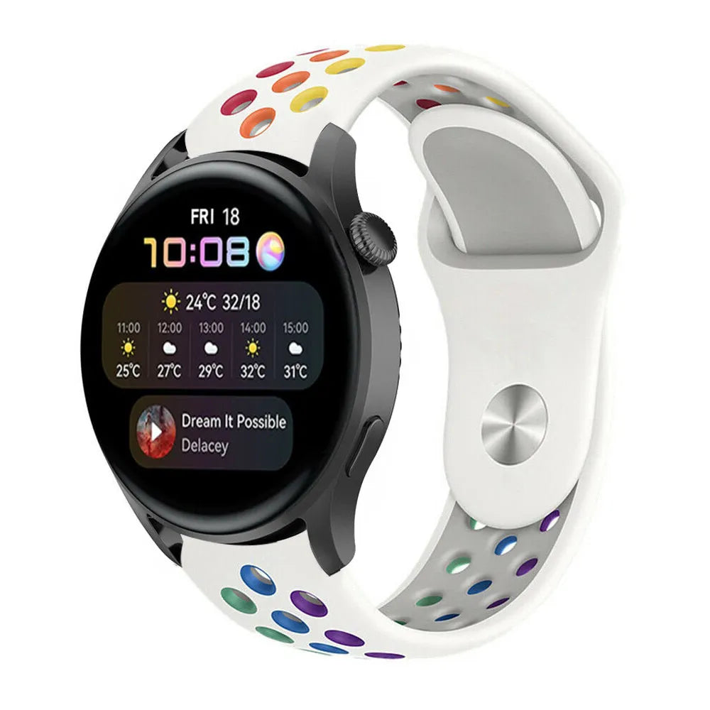 Silicone Sport Strap, white/colourful, on a watch, 3/4 front view