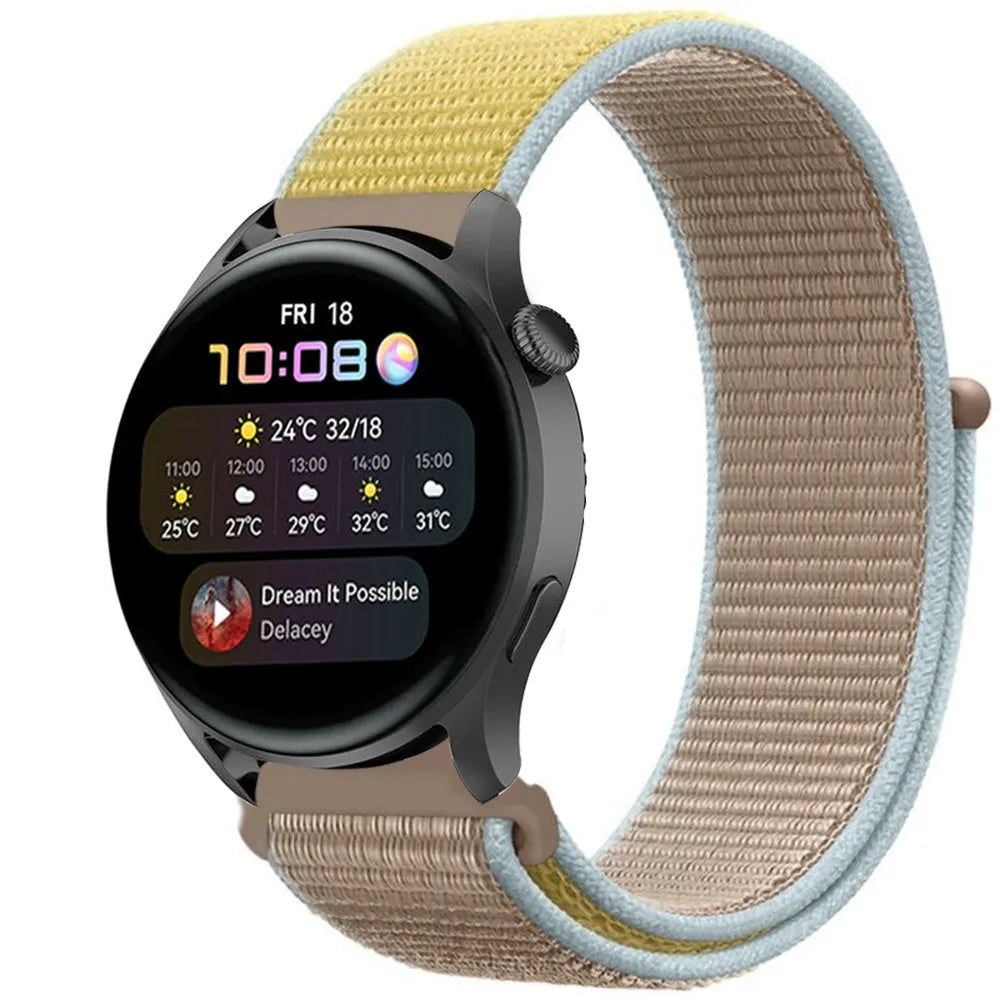 Nylon Strap, camel, on a watch, 3/4 front view