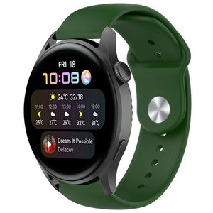 Silicone Sport Strap, army green, on a watch, 3/4 front view