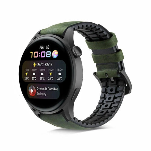 Leather Hybrid Strap, black/green, on a watch, 3/4 front view