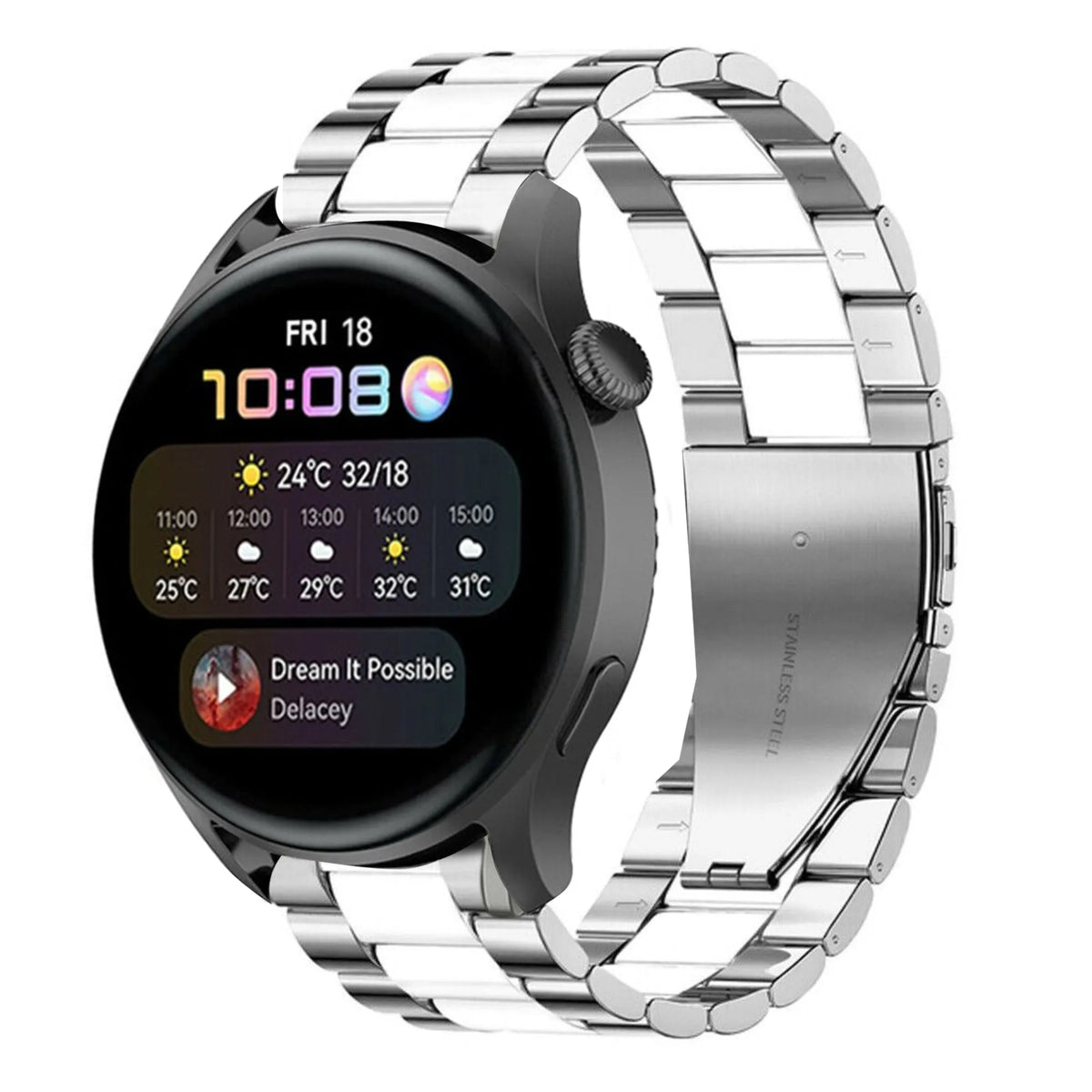Steel Strap, silver/white, on a watch, 3/4 front view