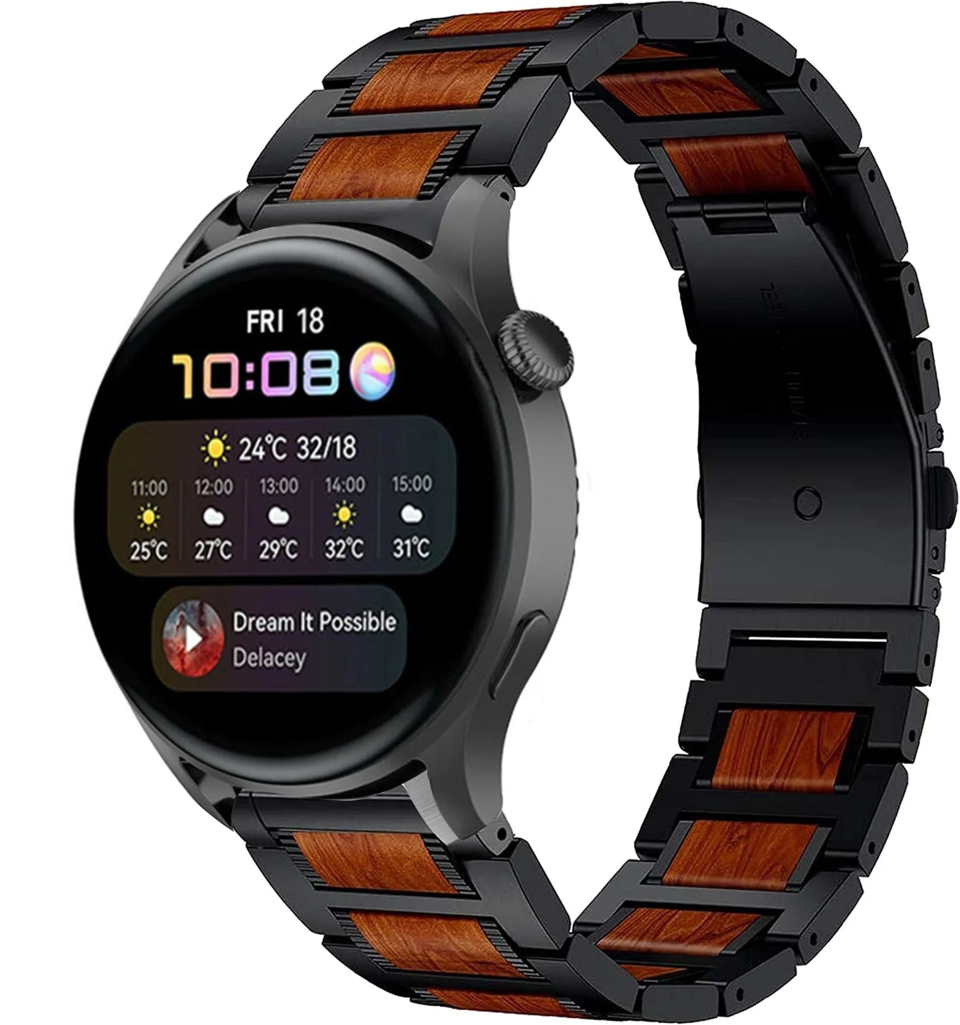 Wood Steel Strap, black, on a watch, 3/4 front view