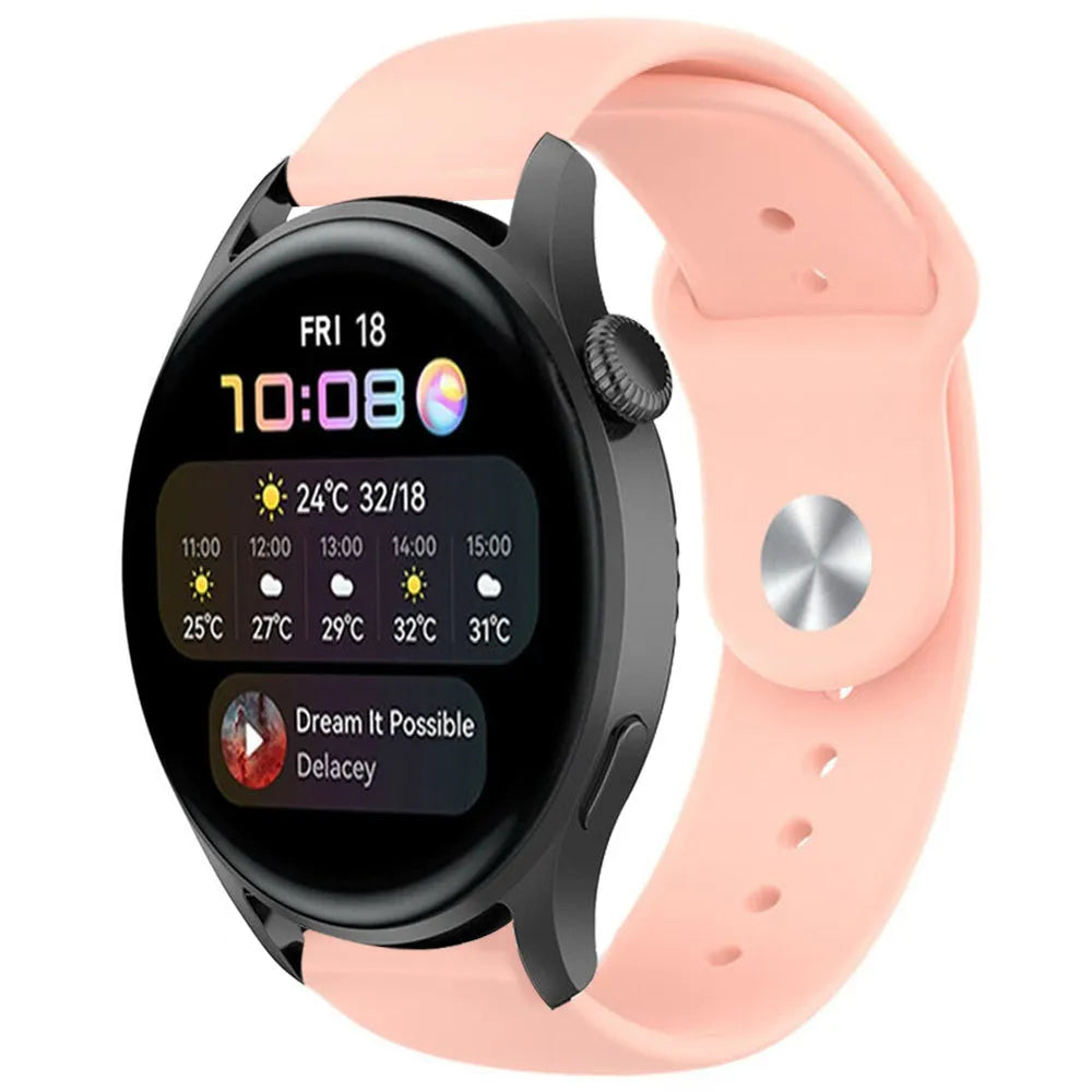 Silicone Sport Strap, pink, on a watch, 3/4 front view