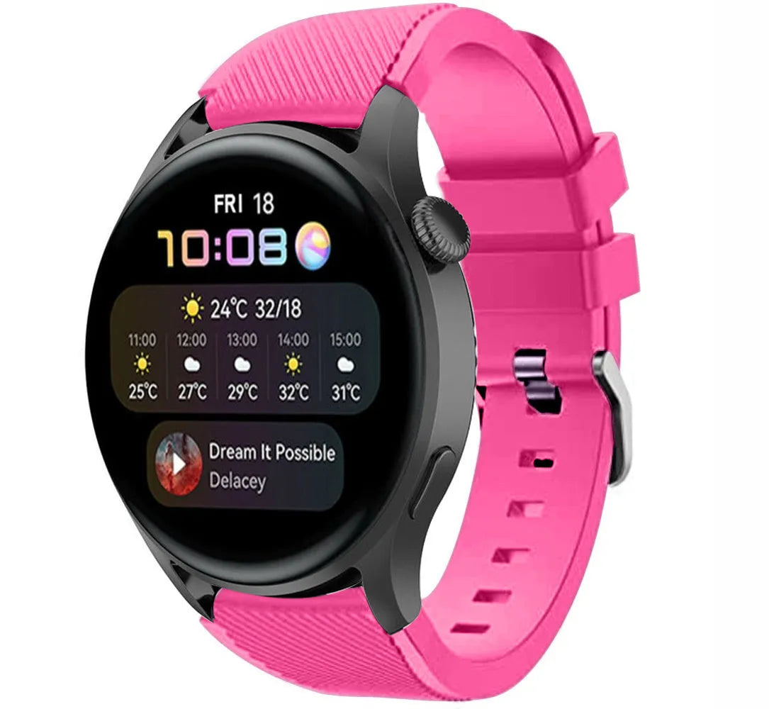 Twill Silicone Strap, bright pink, on a watch, 3/4 front view