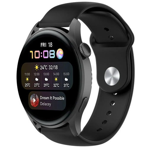 Silicone Sport Strap, black, on a watch, 3/4 front view