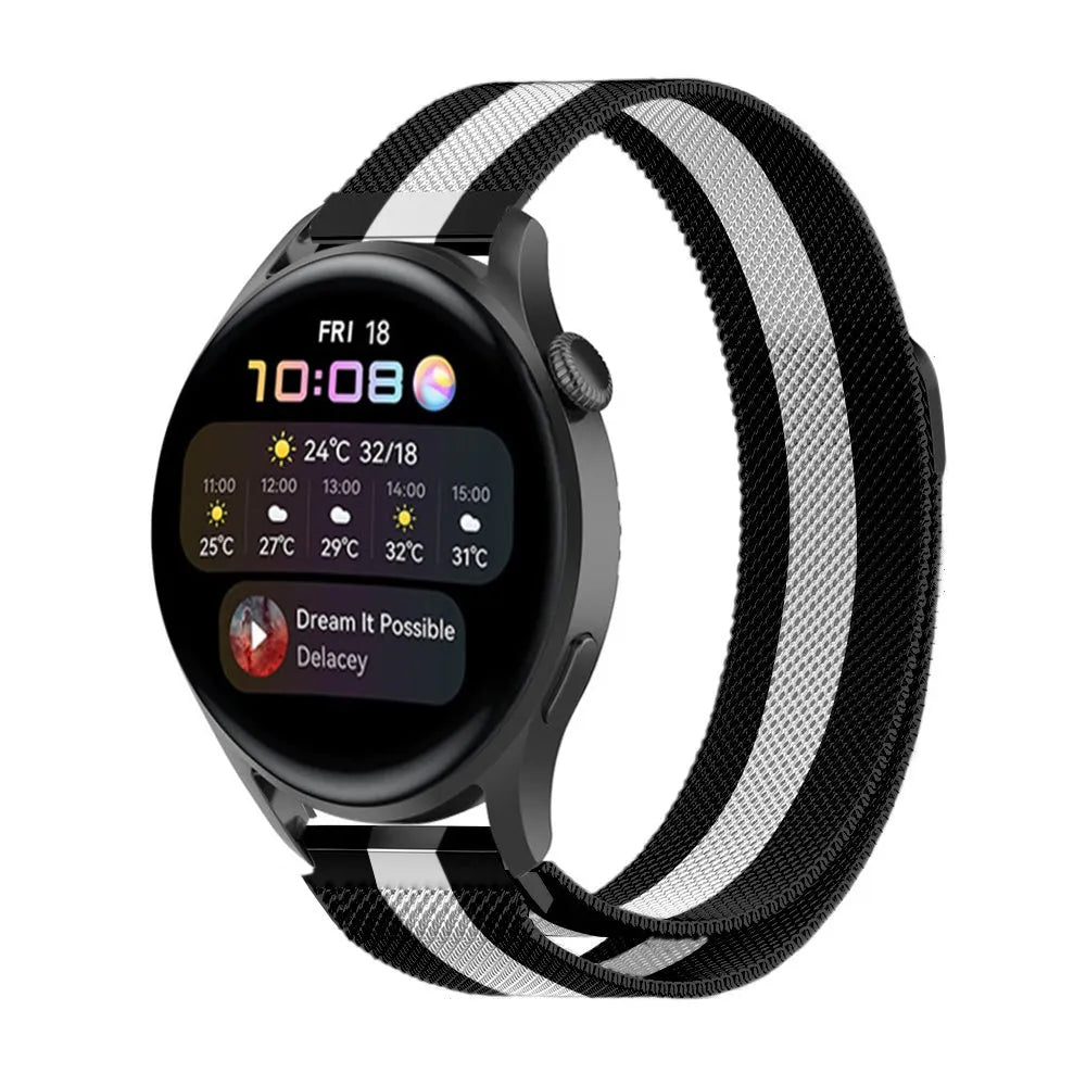 Milanese Strap, black/white, on a watch, 3/4 front view