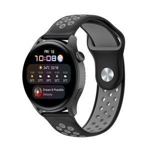 Silicone Sport Strap, black/grey, on a watch, 3/4 front view