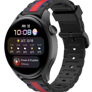 Silicone Special Edition Strap, black/red, on a watch, 3/4 front view