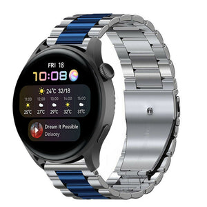 Steel Strap, silver/blue, on a watch, 3/4 front view