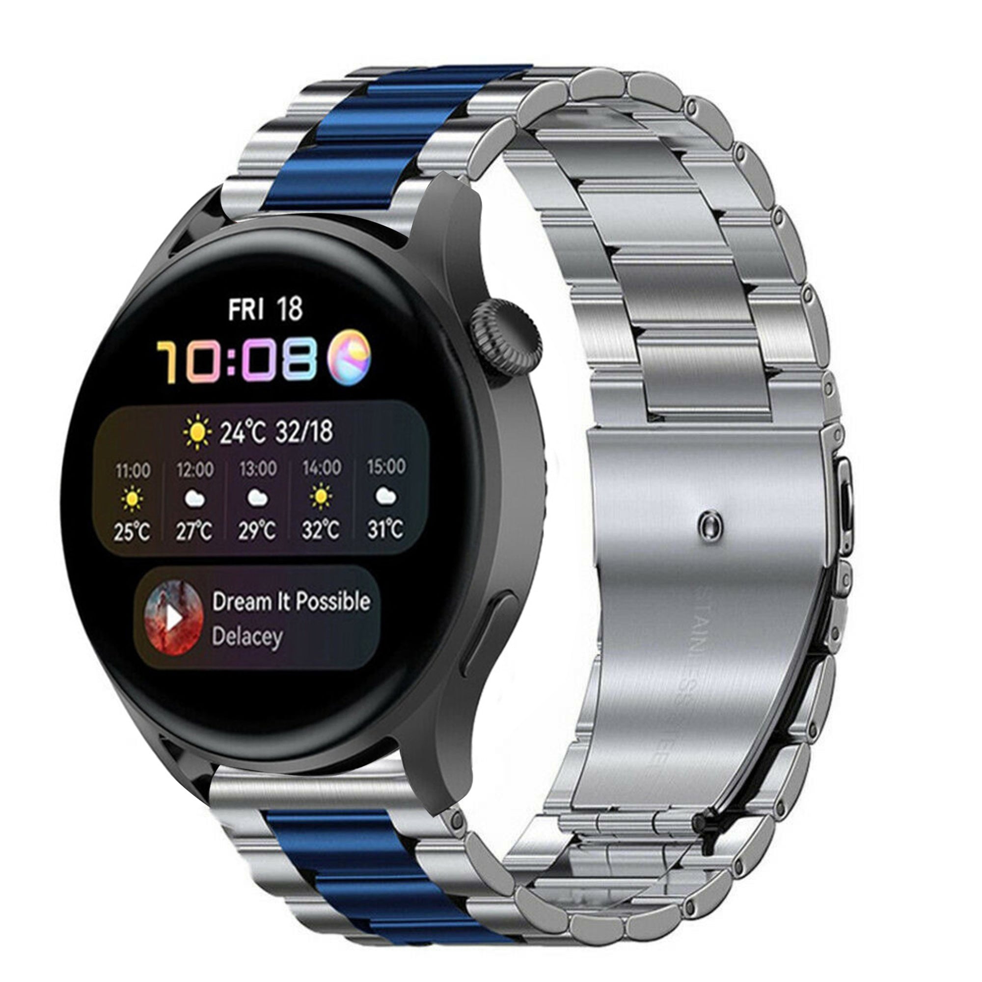 Steel Strap, silver/blue, on a watch, 3/4 front view