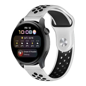 Silicone Sport Strap, white/black, on a watch, 3/4 front view
