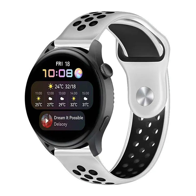 Silicone Sport Strap, white/black, on a watch, 3/4 front view