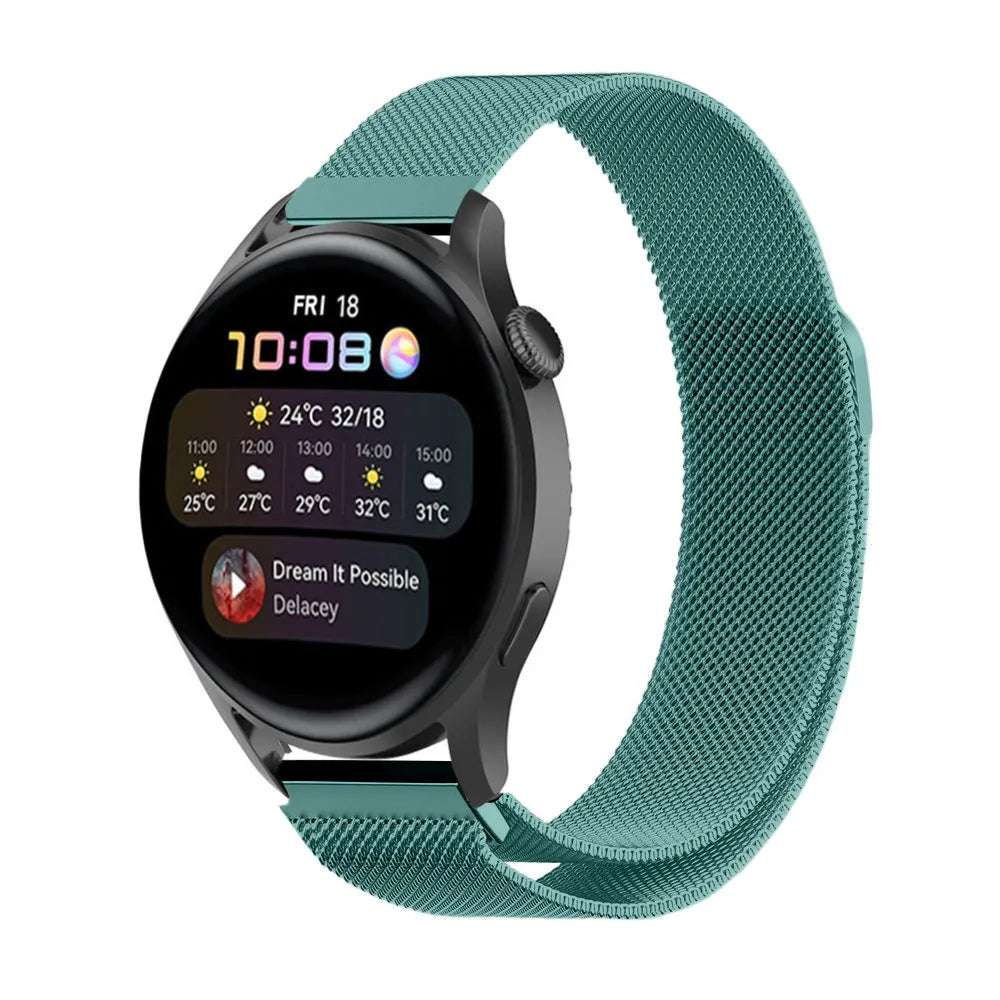 Milanese Strap, green, on a watch, 3/4 front view