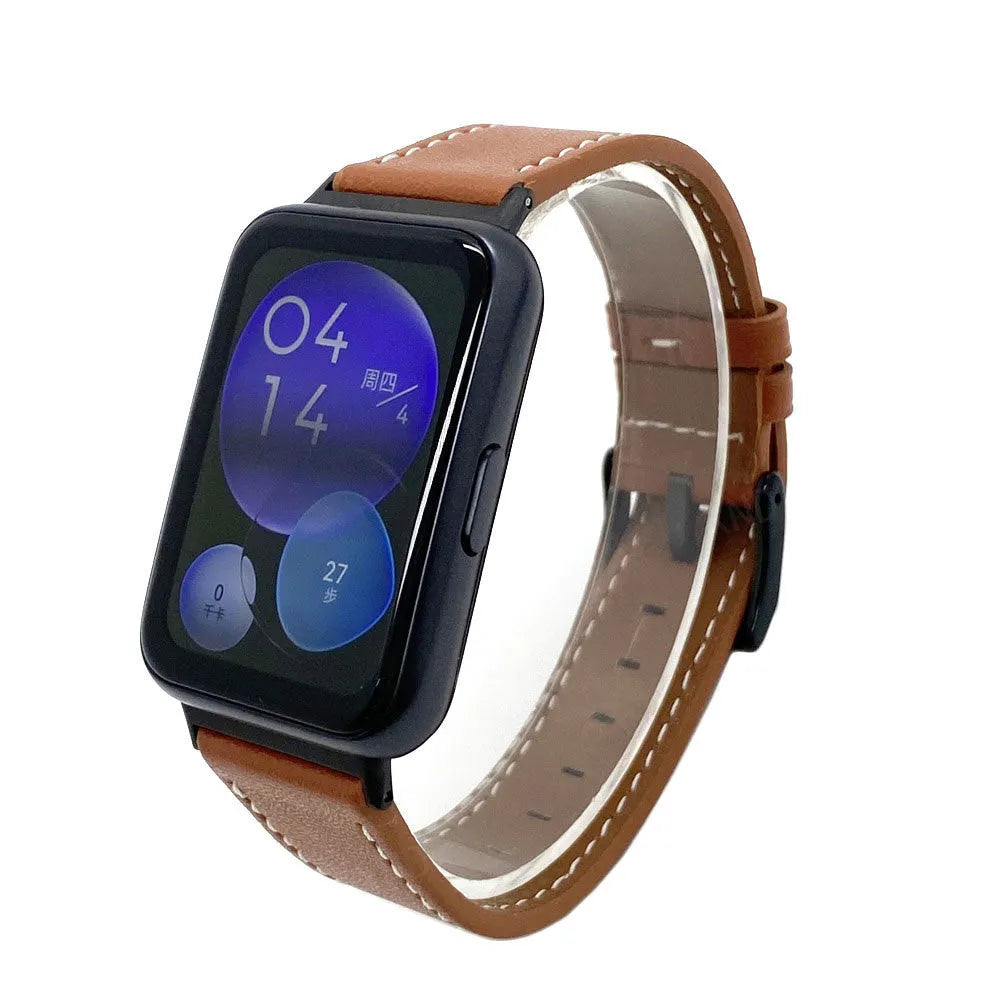 Leather Strap, brown, on a watch, 3/4 front view