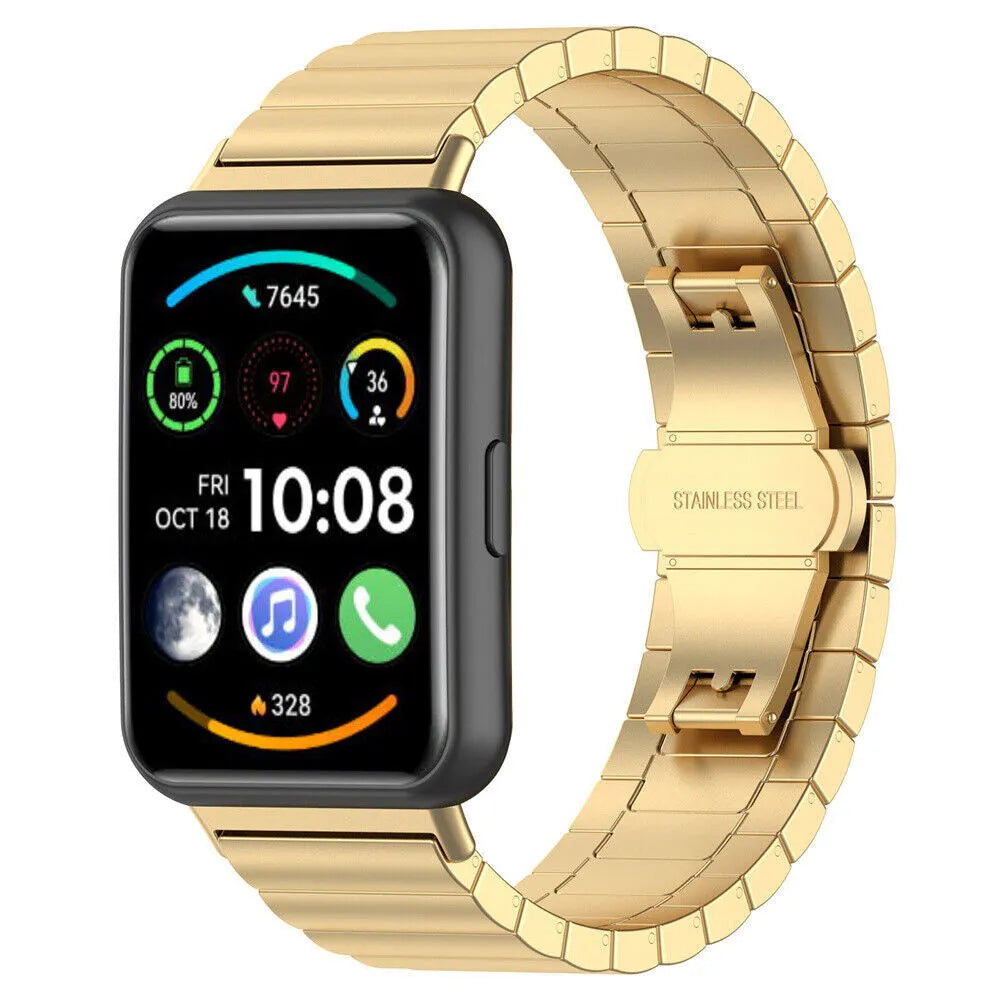 Metal Strap, gold, on a watch, 3/4 front view