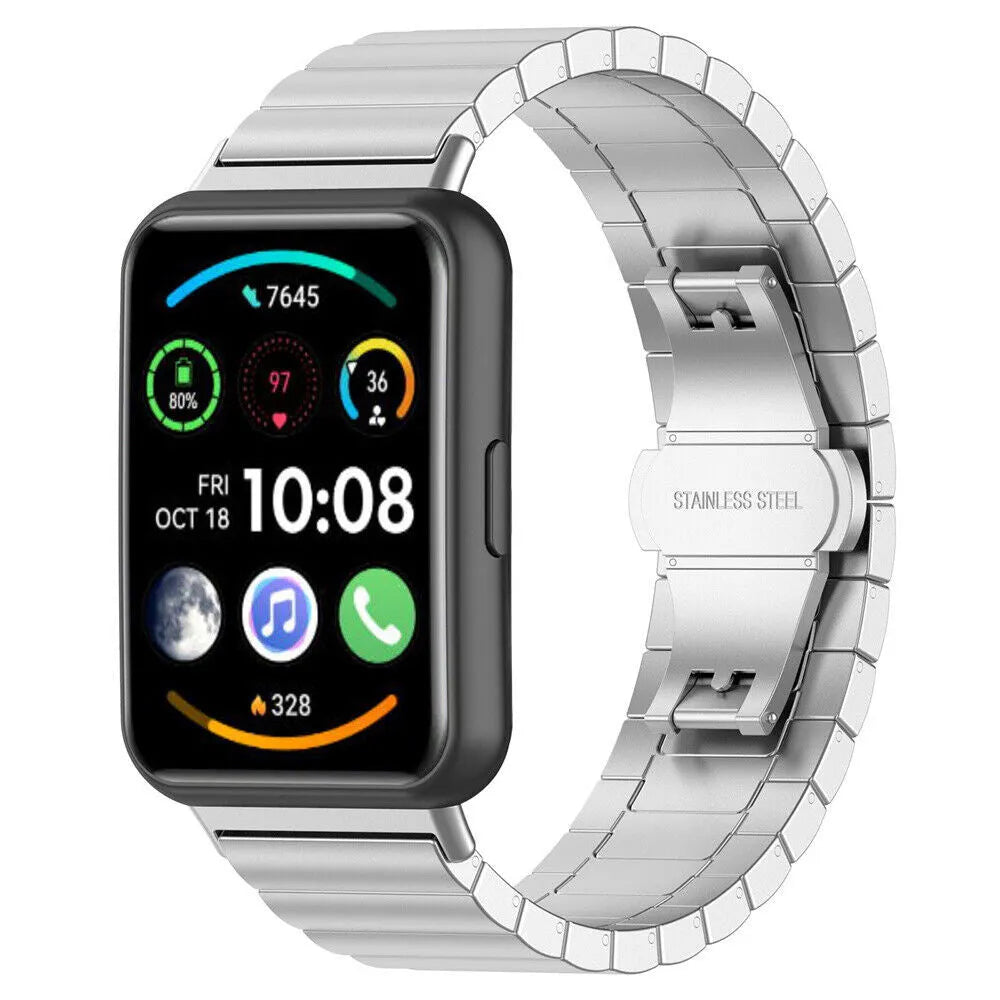 Metal Strap, silver, on a watch, 3/4 front view