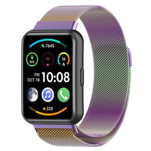Milanese Strap, rainbow, on a watch, 3/4 front view