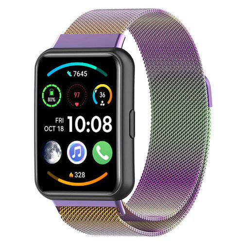 Milanese Strap, rainbow, on a watch, 3/4 front view