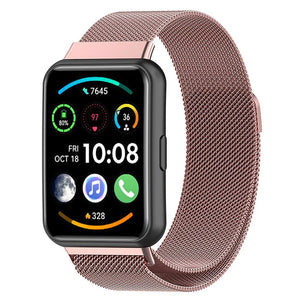 Milanese Strap, pink, on a watch, 3/4 front view